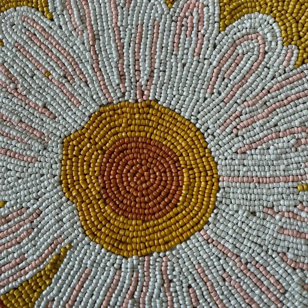 RACHEL ZOE Glass Hand Beaded Charger Placemat Bright Yellow & White Floral NEW